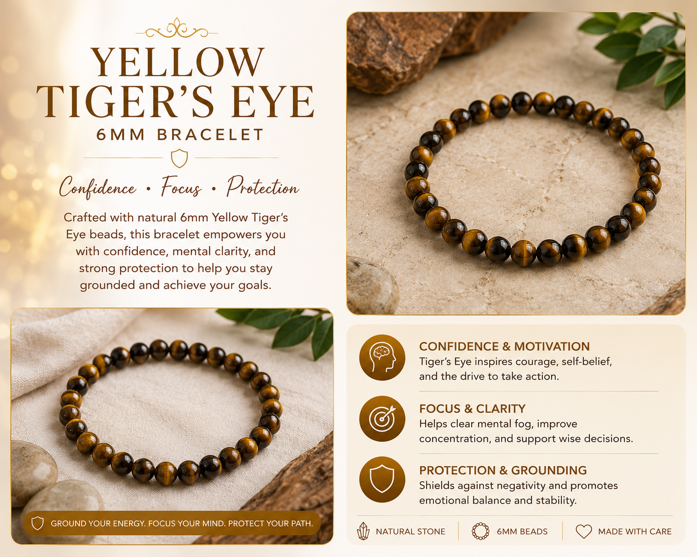 Yellow Tiger's Eye Natural Stone Bracelet – 6mm | 7.5" Stretch