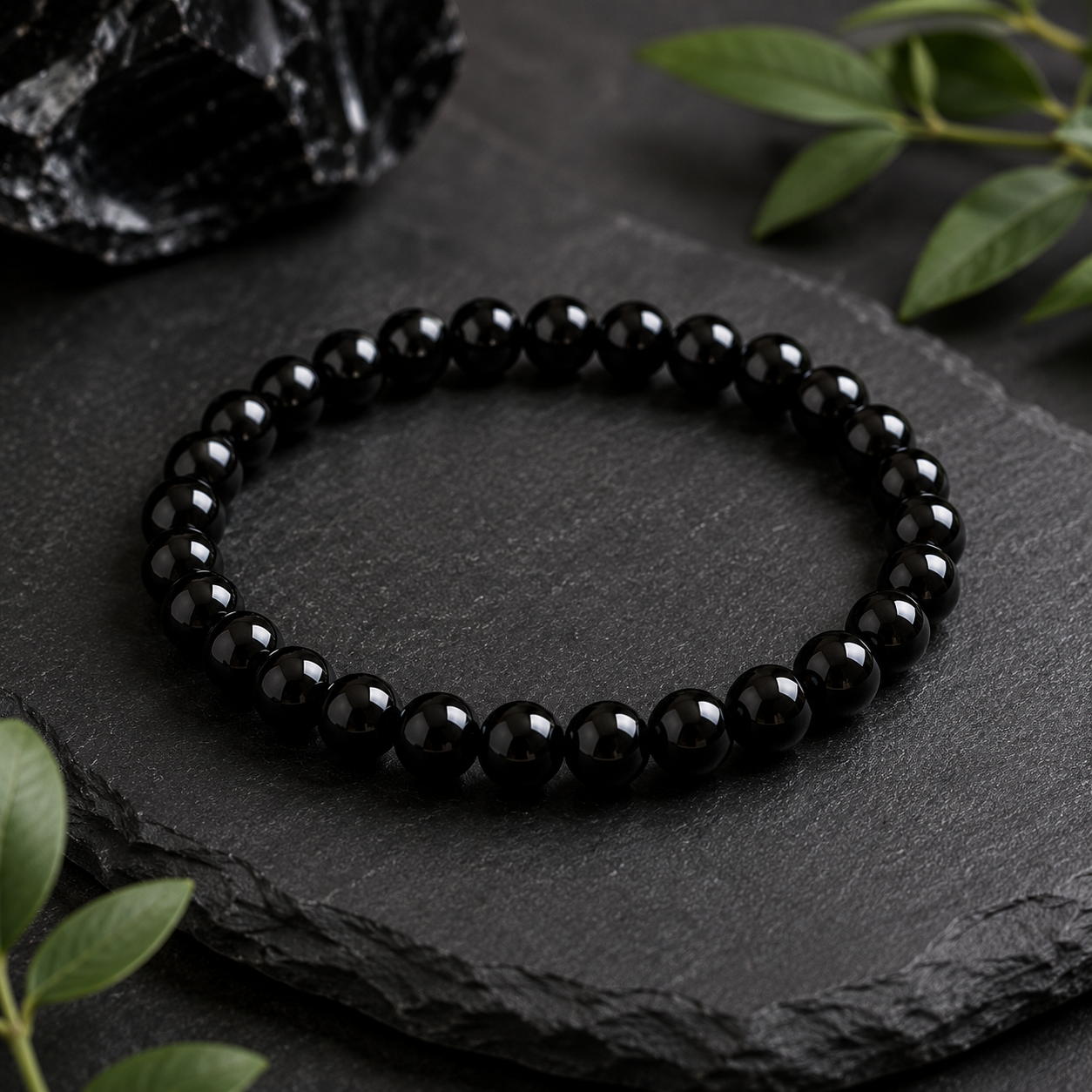 Smooth Black Obsidian Natural Stone Bracelet – 6mm | 7.5" Stretch Bracelet