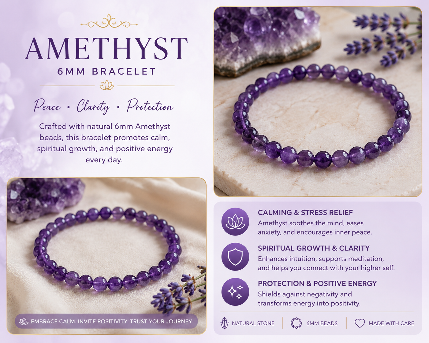 Amethyst Natural Stone Bracelet – 6mm | 7.5" Stretch Bracelet