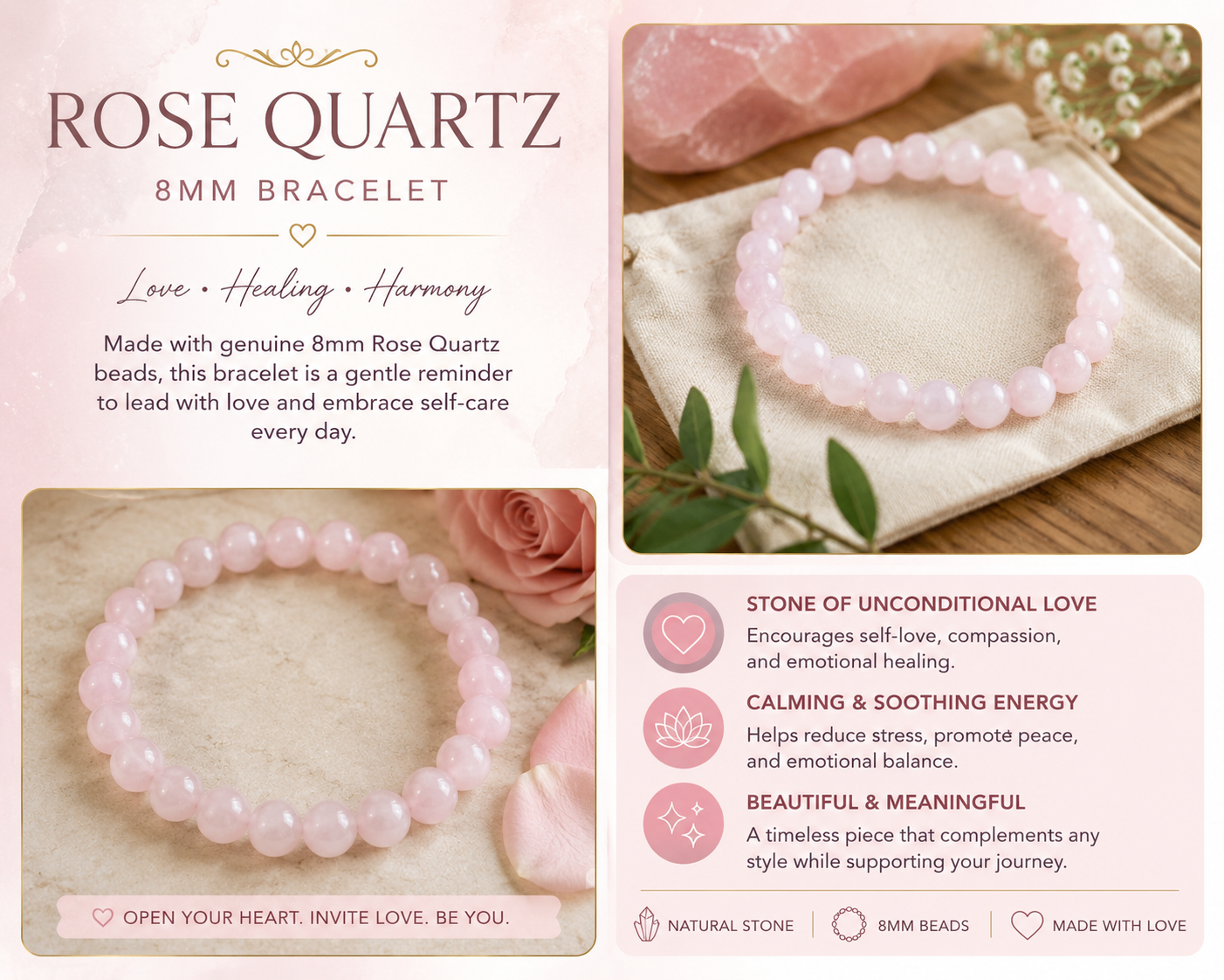 Rose Quartz Natural Stone Bracelet – 8mm | 7.5" Stretch Bracelet