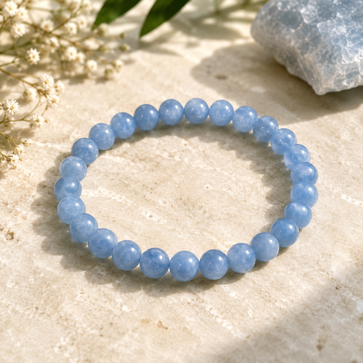 Blue Aquamarine Natural Stone Bracelet – 8mm | 7.5" Stretch Bracelet