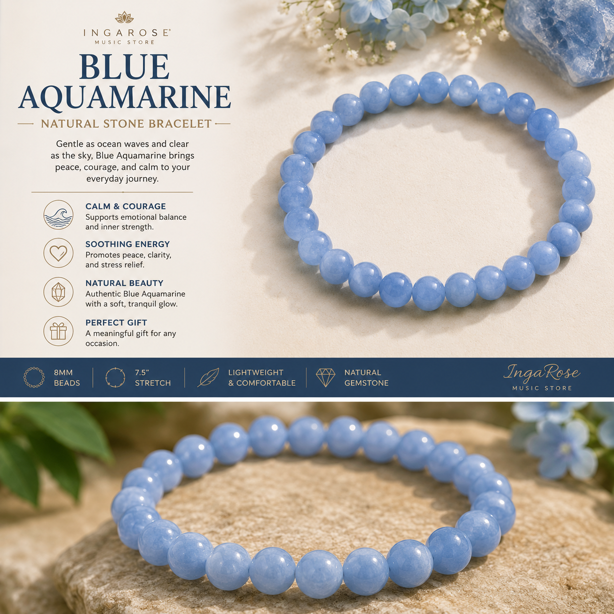Blue Aquamarine Natural Stone Bracelet – 8mm | 7.5" Stretch Bracelet