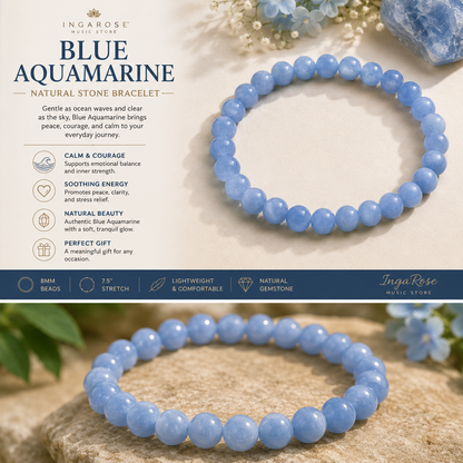 Blue Aquamarine Natural Stone Bracelet – 8mm | 7.5" Stretch Bracelet