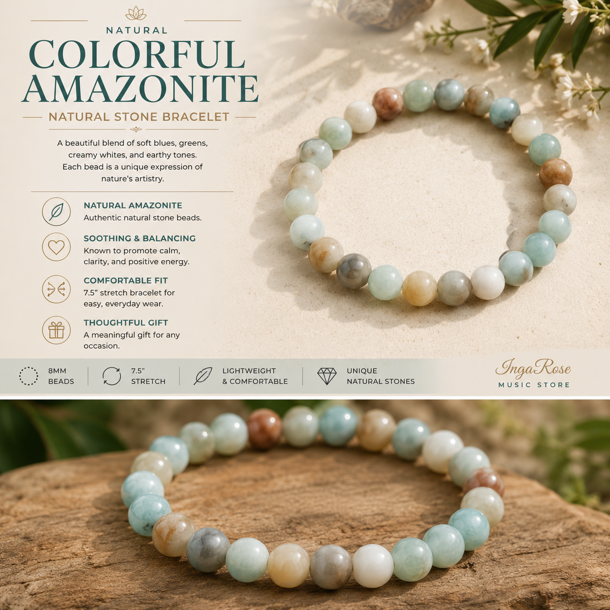 Colorful Amazonite Natural Stone Bracelet – 8mm | 7.5" Stretch Bracelet