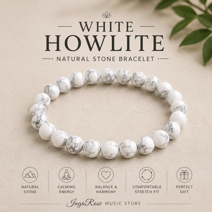 White Howlite Natural Stone Bracelet – 8mm | 7.5" Stretch Bracelet