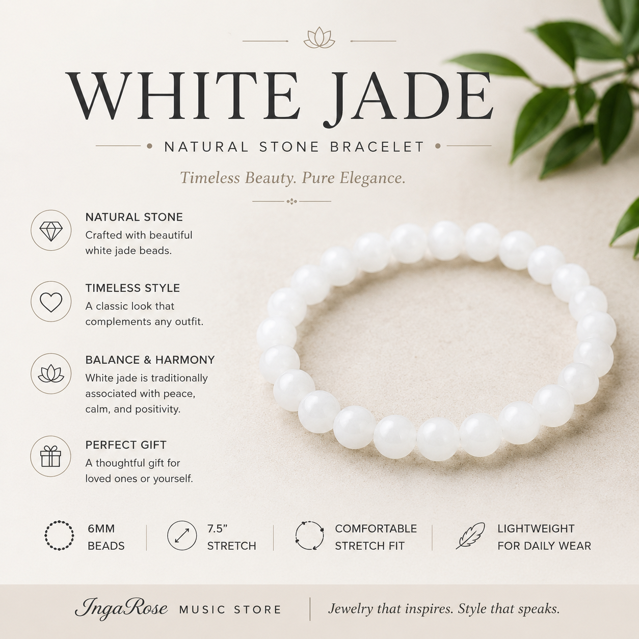White Jade Natural Stone Bracelet – 8mm | 7.5" Stretch Bracelet
