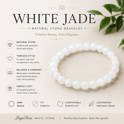 White Jade Natural Stone Bracelet – 8mm | 7.5" Stretch Bracelet