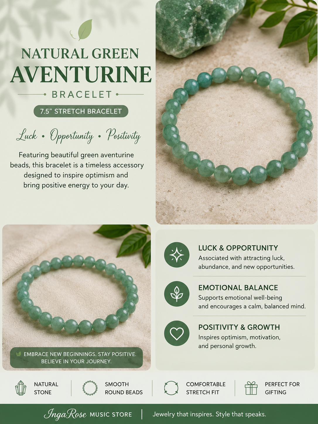 Green Aventurine Natural Stone Bracelet - 8mm 7.5" Stretch Bracelet