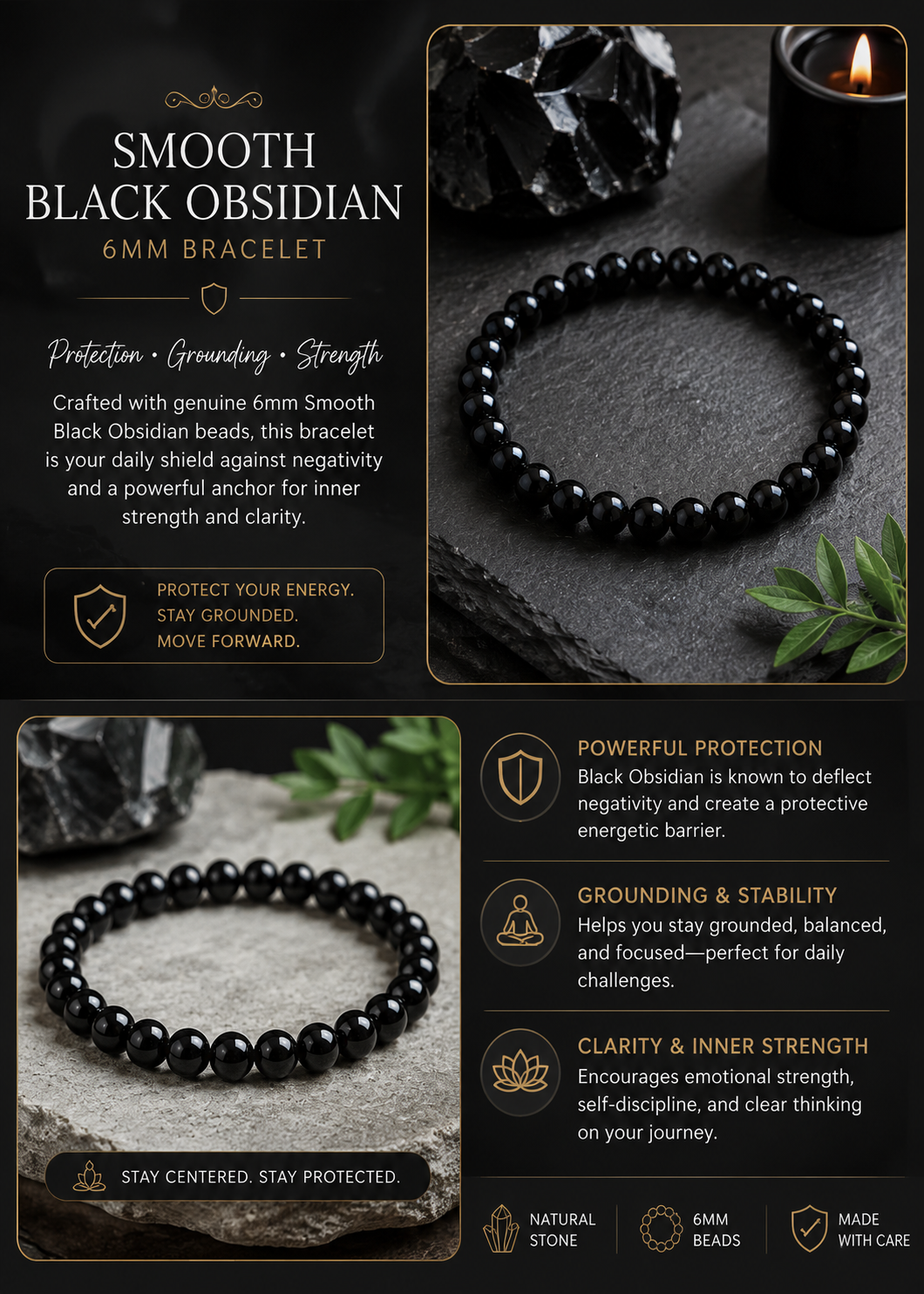 Smooth Black Obsidian Natural Stone Bracelet – 6mm | 7.5" Stretch Bracelet