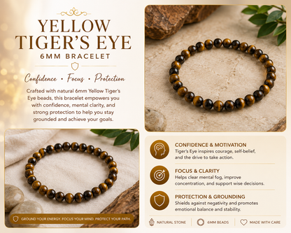 Yellow Tiger's Eye Natural Stone Bracelet – 6mm | 7.5" Stretch